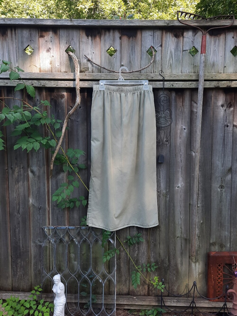 Sage Green Denim Maxi Skirt, Side Pockets, Elastisized Waist, Drawstring